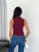 Yakalı Tam Fermuarlı Kolsuz Bluz - Bordo resmi